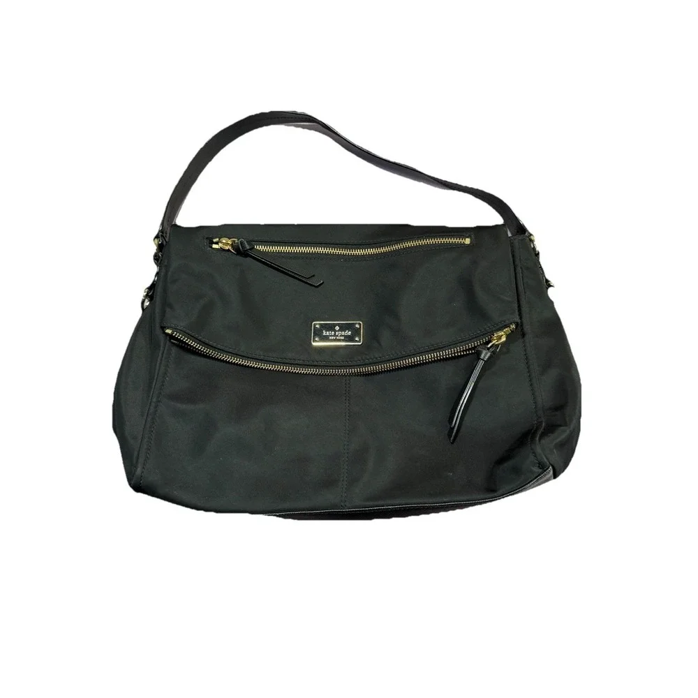 Kate Spade NY Black Nylon Flip-Top Adjustable Shoulder Bag‎ Zipper Logo Pocket